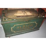 19th Century pine trunk overall painted with marine study and labelled Albion London. (B.P.