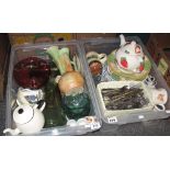 Two boxes of assorted china, glass and metalware, various to include; art deco single handled vase,