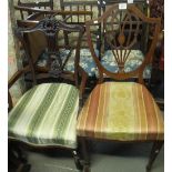 Edwardian mahogany shield back dining chair, together with another mahogany lyre back open armchair.