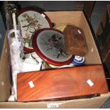 Box of miscellaneous items to include; Welsh souvenir teapot, cabinet cups and saucers,