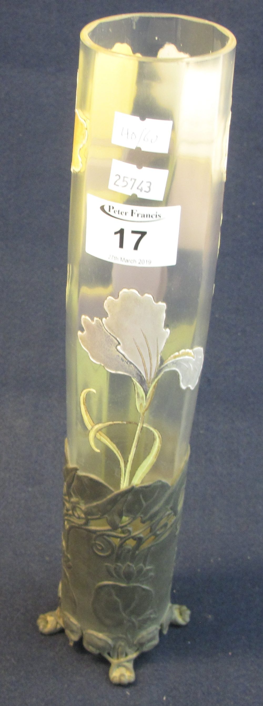 Art nouveau pewter mounted glass cylinder vase with painted floral decoration,