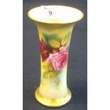 Royal Worcester porcelain Hadley style flared cylinder vase painted with roses on a gilded ivory