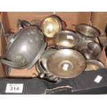 Box of metalware to include; pewter teapot, goblets, travelling hip flask etc. (B.P. 24% incl.