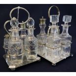 Two similar EPNS four bottle cruet stands with glass jars and bottles. (2) (B.P. 24% incl.