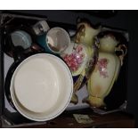 Box of assorted china to include; Crown Devon fieldings chamber pot, copper lustre dresser jug,