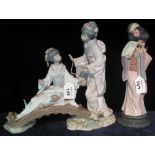 Large Lladro Spanish porcelain oriental figure group on a bridge,