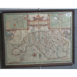 John Speede, an original coloured map of Glamorganshire with town map vignettes. Framed and glazed.