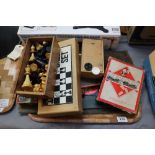 Tray of vintage board games etc to include; Staunton type chess pieces, magnetic chess set,