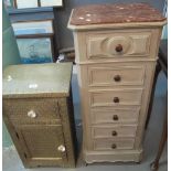 French style painted narrow chest of drawers with marble top,