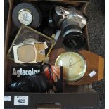 Box of assorted items to include Westclox mantle clock, camera to include Minolta 404si, lenses etc.