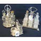 A six bottle cruet set with silver plated stand,