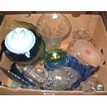 Box of assorted clear, uncoloured glassware to include: jelly moulds, vases, pedestal bowls, etc.