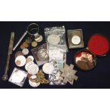 Bag of assorted items to include; QE II crowns, napkin ring, military medal, military insignia,
