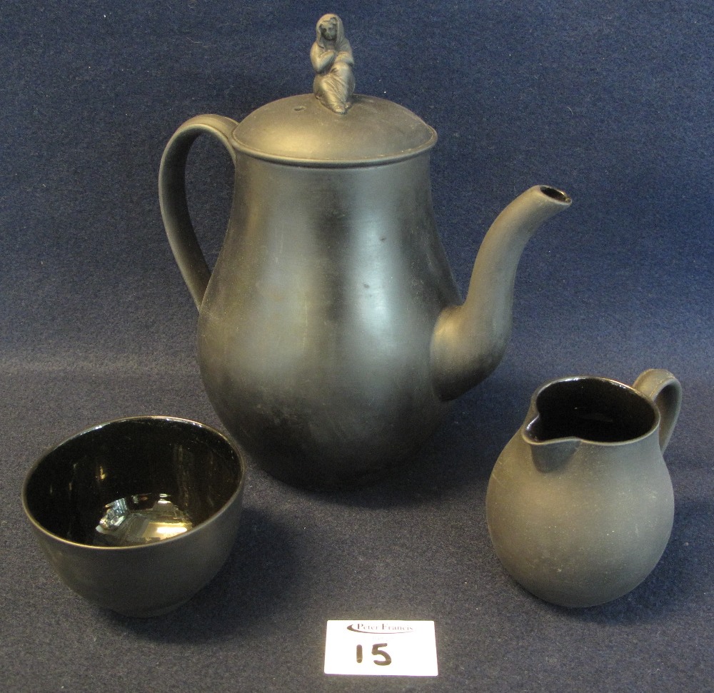 Wedgwood black basalt pottery coffee pot of baluster form with loop handle,