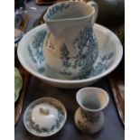 19th Century Staffordshire transfer printed jug and basin set with matching toothbrush holder and