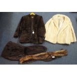 Cream vintage fur jacket with pale pink floral embossed lining and a dark brown fur or cow hide