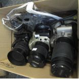 Box of cameras and equipment to include; Nikon F60, Nikon F50, Nikon F55, lenses etc. (B.P.