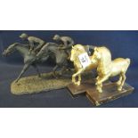 Pair of gilt metal standing horses in Grecian style on wooden bases.