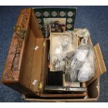 Eastern carved box containing cigar box of GB coins, some GB bank notes, foreign coins,