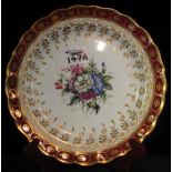 Royal Worcester bone china cabinet plate on a white ground with burgandy and gilded foliate rims,