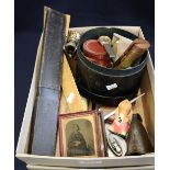 Box of assorted items including; scale rules and slide rule, collar box, opera glasses,