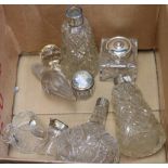 Box of assorted glassware items, odd stoppers, dressing table bottles etc, some with silver mounts.