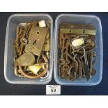 Two small boxes of assorted keys, locks and other hardware. (B.P. 24% incl.