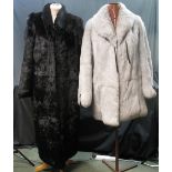 Two vintage rabbit fur coats; one a long black coat (Made in Hong Kong),
