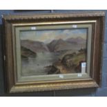 British School (19th Century), Snowdonia mountain landscape with figures on a byway, oils on canvas.
