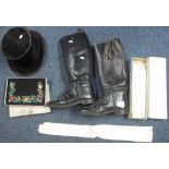 Collection of vintage accessories to include; men's black leather knee high riding boots,