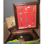 A group of furnishing pictures and militaria items including; two framed sets of military badges,