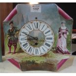 19th Century porcelain faced rectangular single train wall clock with printed figural decoration,