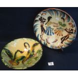 Two similar tin glazed pottery sgraffito decorated items, shallow dish and bowl,