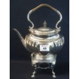 Silver plated baluster shaped fluted tea kettle on spirit burner stand. (B.P. 24% incl.