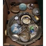 Box of assorted items including; wristwatches, paperweight, salver, magnifying glass etc. (B.P.