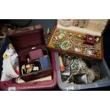 Collection of assorted pin badges, jewellery box with some costume jewellery, pottery table lamp,