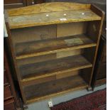 Small oak bedside table with sectional top. Together with an oak open fronted four shelf bookcase.