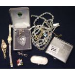Bag of assorted costume jewellery, glass beads, ladies wristwatch, cigarette case etc. (B.P.