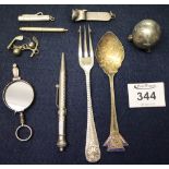 Bag of assorted silver and other trinkets including; cutlery, propelling pencil, lorgnettes,