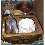 Box of assorted items to include; picquot ware water jug, planters, glass waisted vase etc. (B.P.