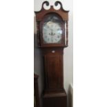Early 19th Century Welsh oak eight day two train longcase clock with painted Roman face. Unnamed.