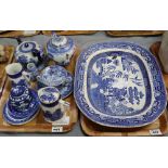 Two trays of blue and white china to include; oval willow meat dish,
