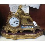 19th Century French ormolu figural mantel clock having Roman enamel face,