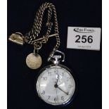 Chrome metal keyless Ingersoll pocket watch, together with silver short Albert chain with T bar,