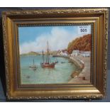 Francis Clark, fishing village with moored vessels, painted on porcelain panel, signed,