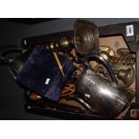 Box of assorted metalware to include; brass candlesticks, brass trivet stands,