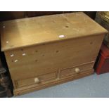 Pine trunk with two fitted drawers on a platform base. (B.P. 24% incl.