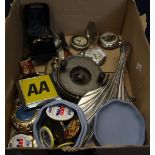 Box of oddments to include; pocket watches, pocket compass, fishing reel, pocket knives,