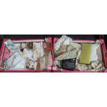 Two boxes of assorted vintage textiles to include; crochet, embroidered and plain tableware,