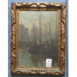 British School, indistinctly signed, harbour scene with moored vessels, oils on canvas.
